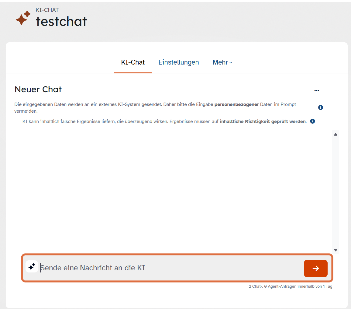 Leerer ByCS-KI-Chat mit Warnhinweisen zu personenbezogenen Daten und sachlicher Prüfung sowie Eingabefeld.