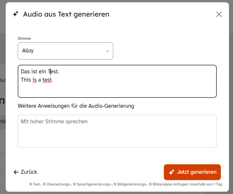 ByCS-Dialog Audio aus Text generieren mit Stimmwahl, kurzem Beispieltext, weiteren Anweisungen und Jetzt generieren.