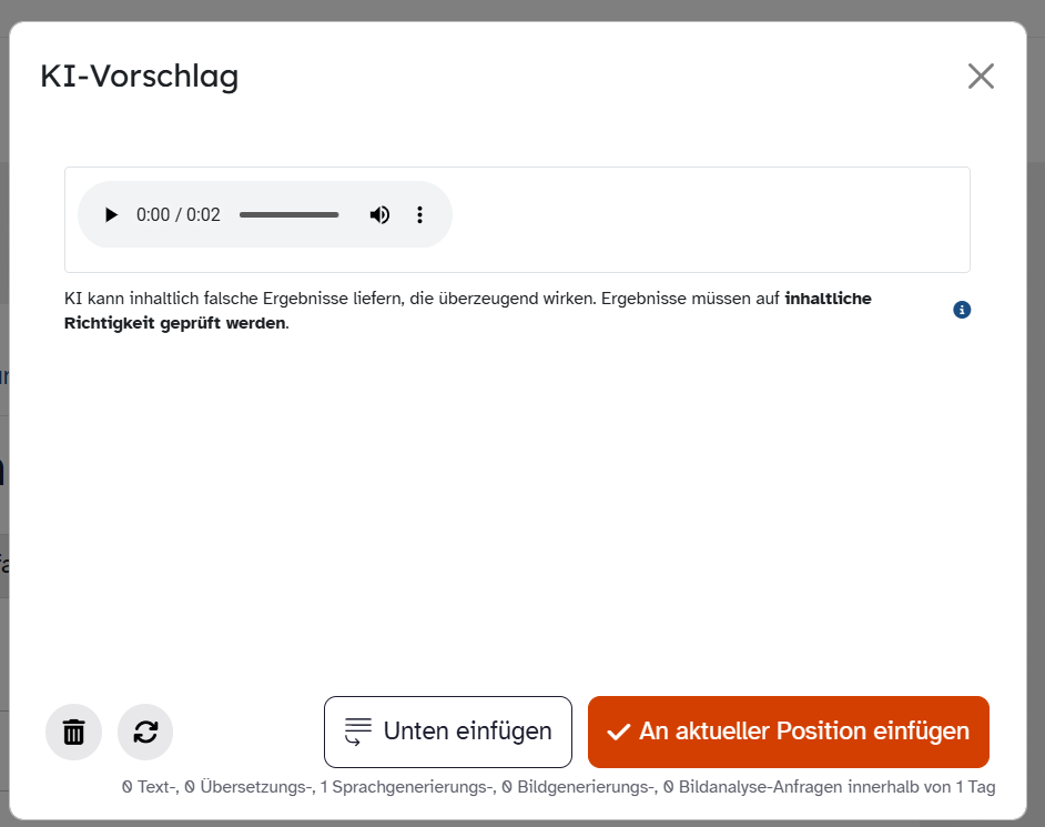 ByCS-KI-Vorschlag mit Audio-Player und Optionen zum Verwerfen, erneuten Erzeugen und Einfügen im Texteditor.