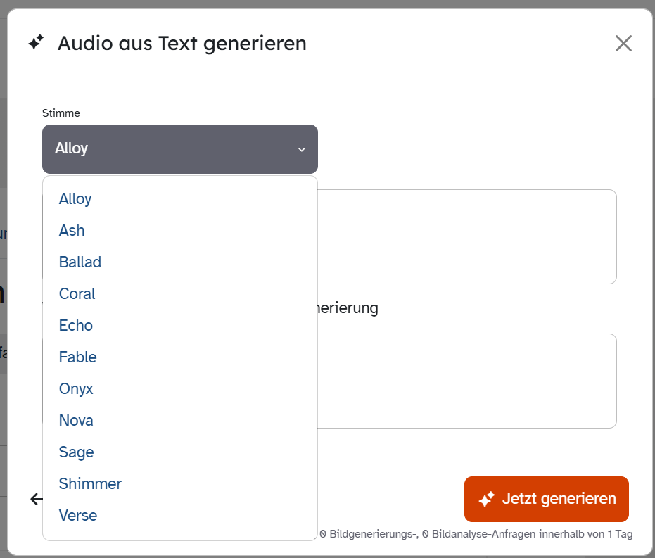 Geöffnete ByCS-Stimmenauswahl für die Audio-Generierung mit mehreren auswählbaren Stimmen.