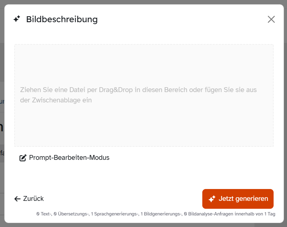 ByCS-Dialog Bildbeschreibung mit Drag-and-drop-Bereich für eine Bilddatei und Prompt-Bearbeiten-Modus.