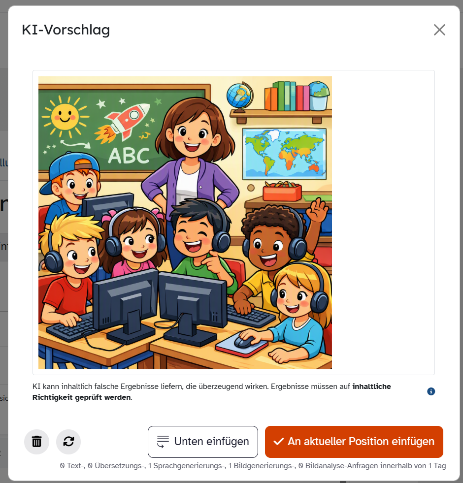 ByCS-KI-Vorschlag mit gezeichnetem Klassenzimmerbild sowie Optionen zum Verwerfen, erneuten Erzeugen und Einfügen im Texteditor.