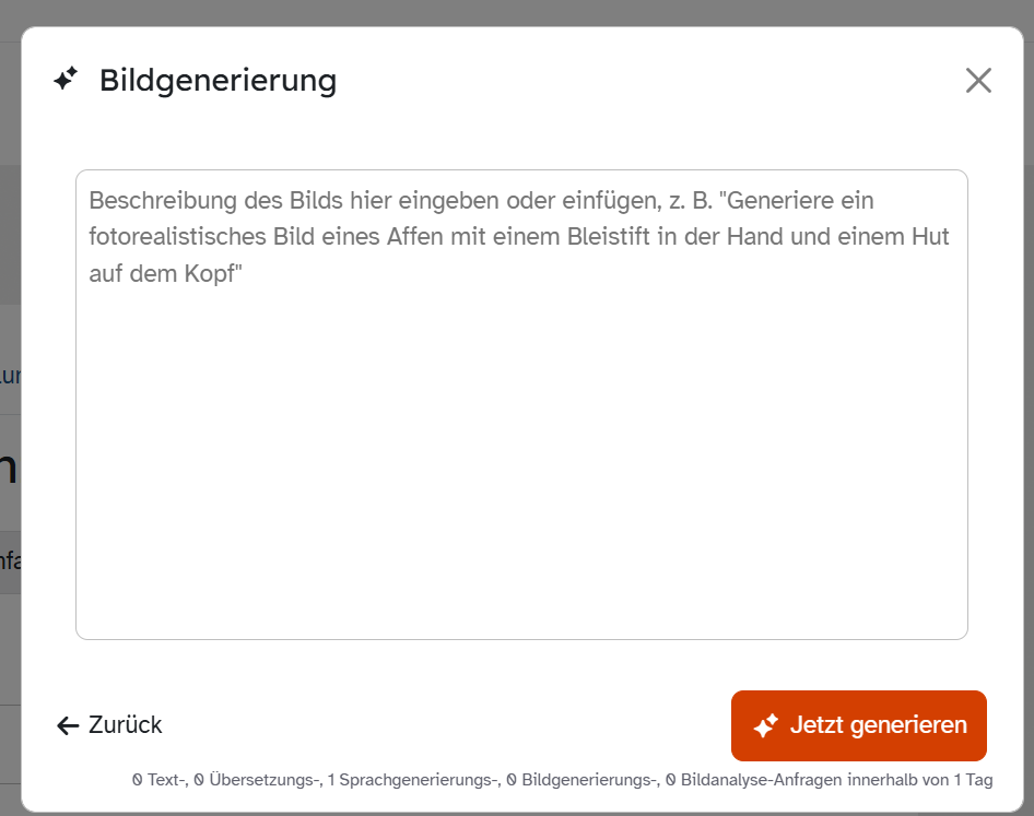 ByCS-Dialog Bildgenerierung mit Feld für die Beschreibung des gewünschten Bilds und Schaltfläche Jetzt generieren.