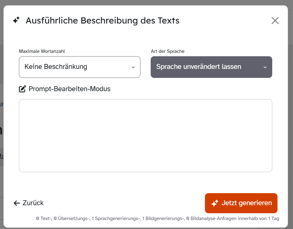 ByCS-Dialog Ausführliche Beschreibung des Texts mit Wortzahl, Art der Sprache, Prompt-Bearbeiten-Modus und Texteingabe.