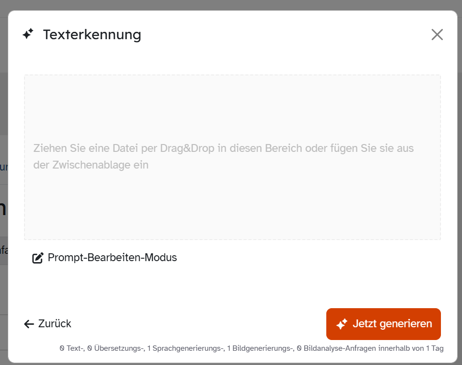 ByCS-Dialog Texterkennung mit Drag-and-drop-Bereich für Bilddatei oder Zwischenablage und Prompt-Bearbeiten-Modus.
