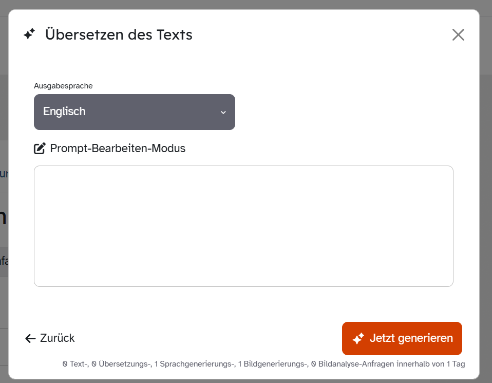 ByCS-Dialog Übersetzen des Texts mit Ausgabesprache, Prompt-Bearbeiten-Modus, Texteingabe und Jetzt generieren.