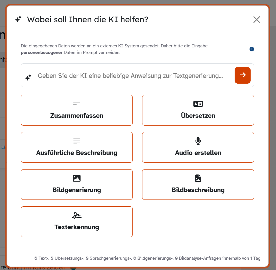 ByCS-Auswahlfenster der KI-Funktionen im Texteditor mit freier Textanweisung sowie Kacheln für Zusammenfassen, Übersetzen, ausführliche Beschreibung, Audio, Bildgenerierung, Bildbeschreibung und Texterkennung.