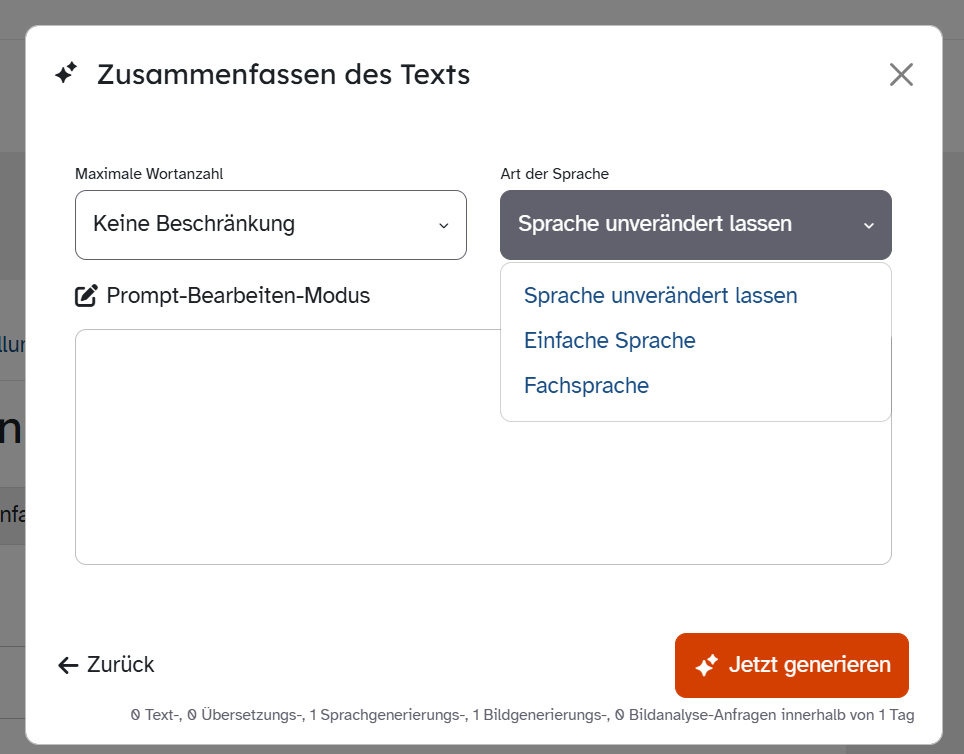 Geöffnete Auswahl Art der Sprache mit Sprache unverändert lassen, Einfache Sprache und Fachsprache.