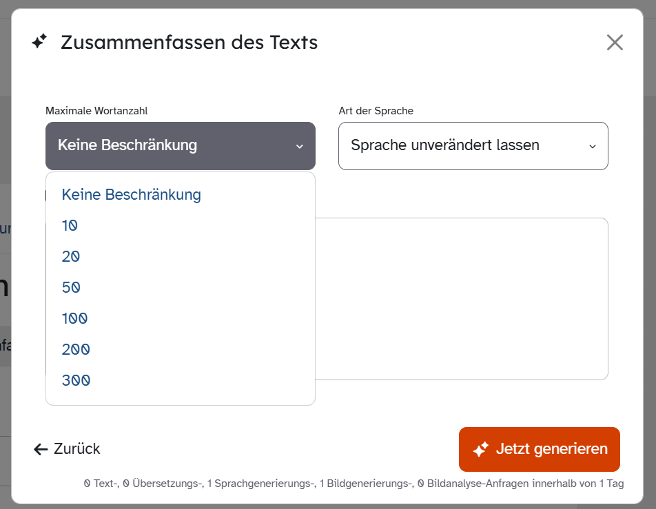 Geöffnete Auswahl Maximale Wortanzahl mit Keine Beschränkung sowie mehreren Wortgrenzen.