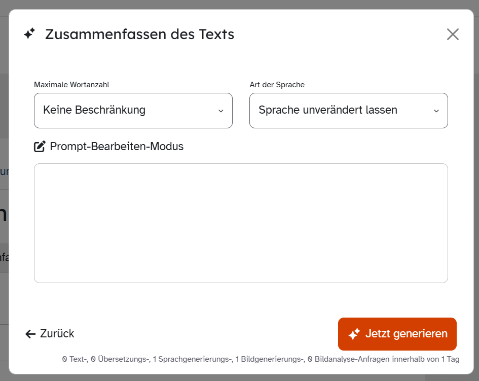 ByCS-Dialog Zusammenfassen des Texts mit maximaler Wortanzahl, Art der Sprache, Prompt-Bearbeiten-Modus, Texteingabe und Jetzt generieren.