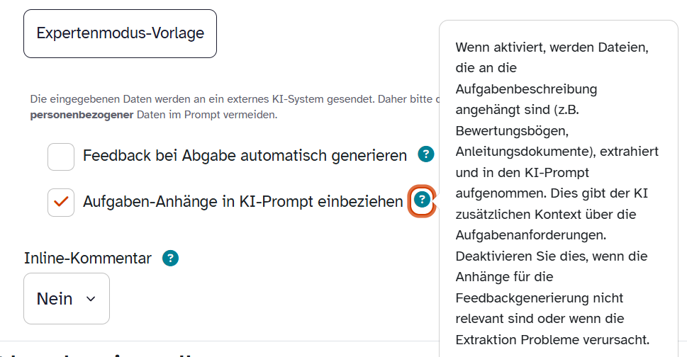 ByCS-Option Aufgaben-Anhänge in KI-Prompt einbeziehen mit Erklärung zu extrahierten Anhängen.