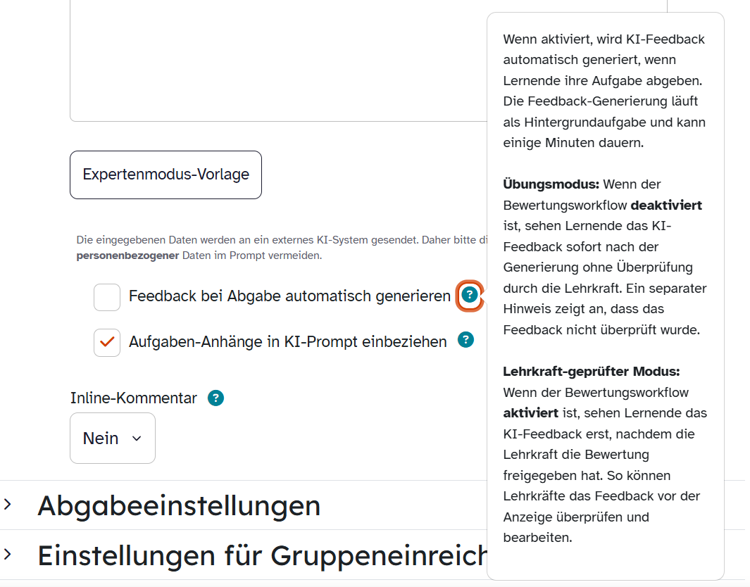 ByCS-Option Feedback bei Abgabe automatisch generieren mit Hilfe zur Unterscheidung von Übungsmodus und Lehrkraft-geprüftem Modus.