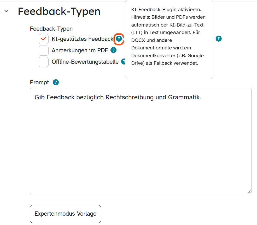 ByCS-Einstellung Feedback-Typen mit aktivierter Option KI-gestütztes Feedback, Prompt-Feld und Expertenmodus-Vorlage.