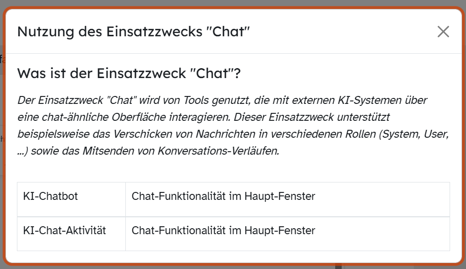 ByCS-Information zum Einsatzzweck Chat für KI-Chatbot und KI-Chat-Aktivität.