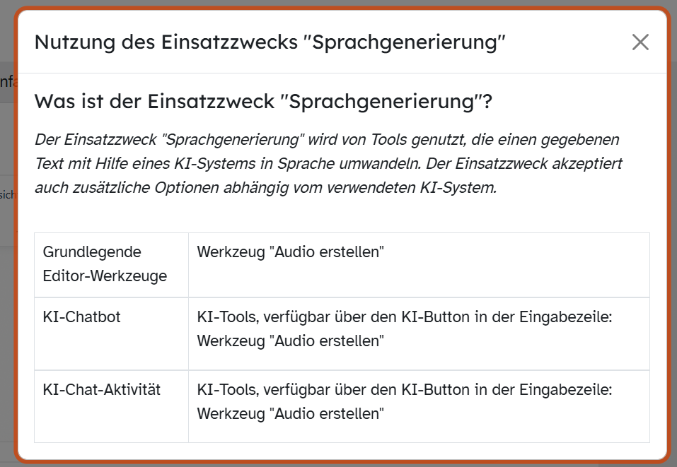ByCS-Information zur Sprachgenerierung mit dem Werkzeug Audio erstellen in Editor und Chat.