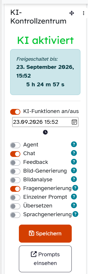 Aktiviertes ByCS-KI-Kontrollzentrum mit Zeitfenster und einzelnen Schaltern für Agent, Chat, Feedback und weitere Funktionen.