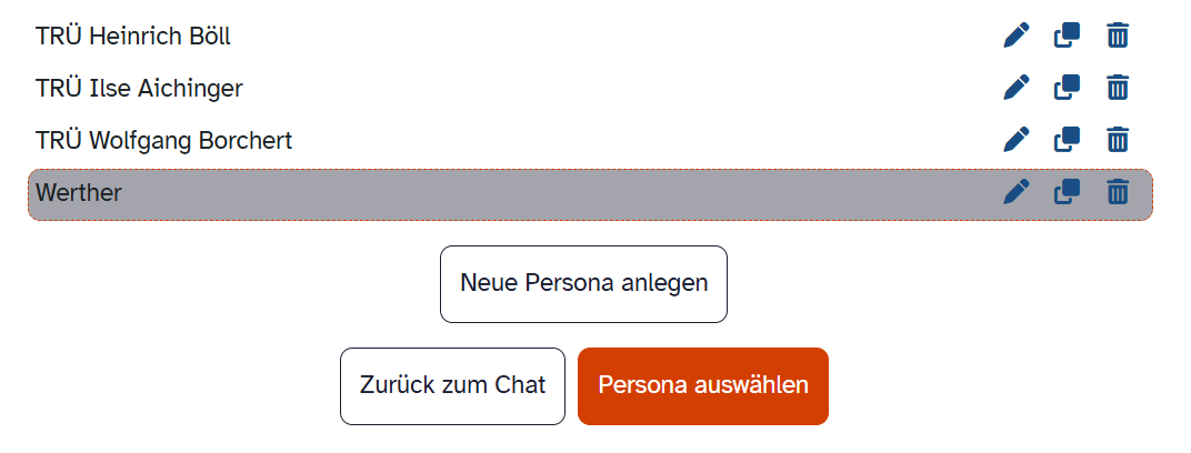 Liste eigener Personas mit der Schaltfläche Persona auswählen.