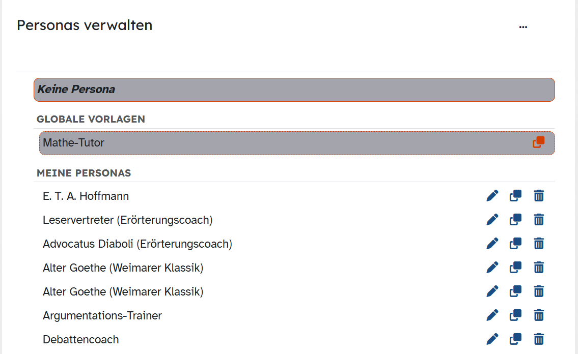 ByCS-Ansicht Personas verwalten mit globaler Vorlage und eigenen Personas.
