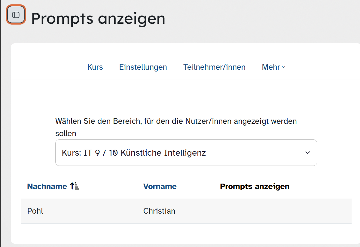 ByCS-Ansicht Prompts anzeigen mit Kursauswahl und Tabelle der eingeschriebenen Personen.