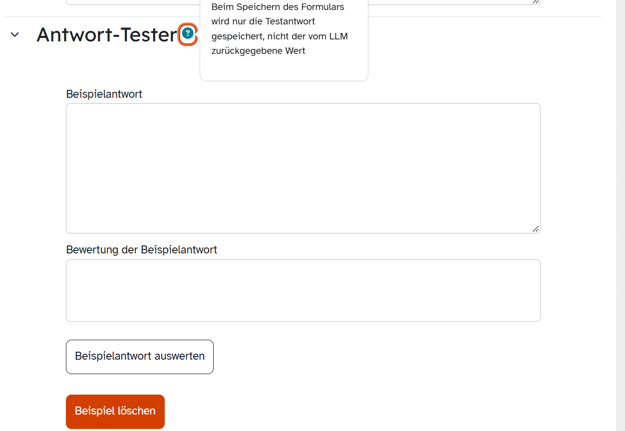 ByCS-Antwort-Tester mit Feldern für eine Beispielantwort und deren Bewertung sowie Schaltfläche Beispielantwort auswerten.