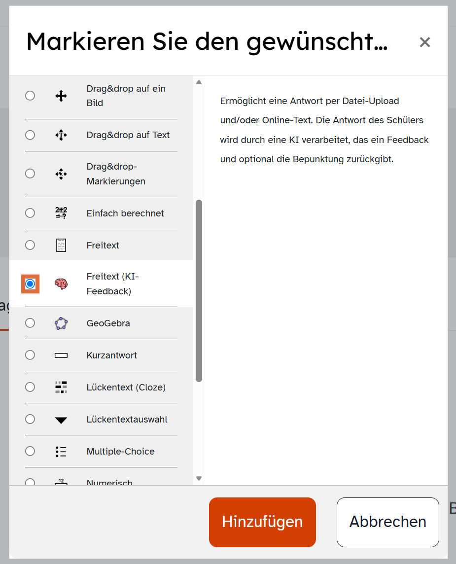 ByCS-Fragetypauswahl mit markiertem Fragetyp Freitext (KI-Feedback) und Beschreibung von Dateiupload, Online-Text, KI-Feedback und optionaler Bepunktung.