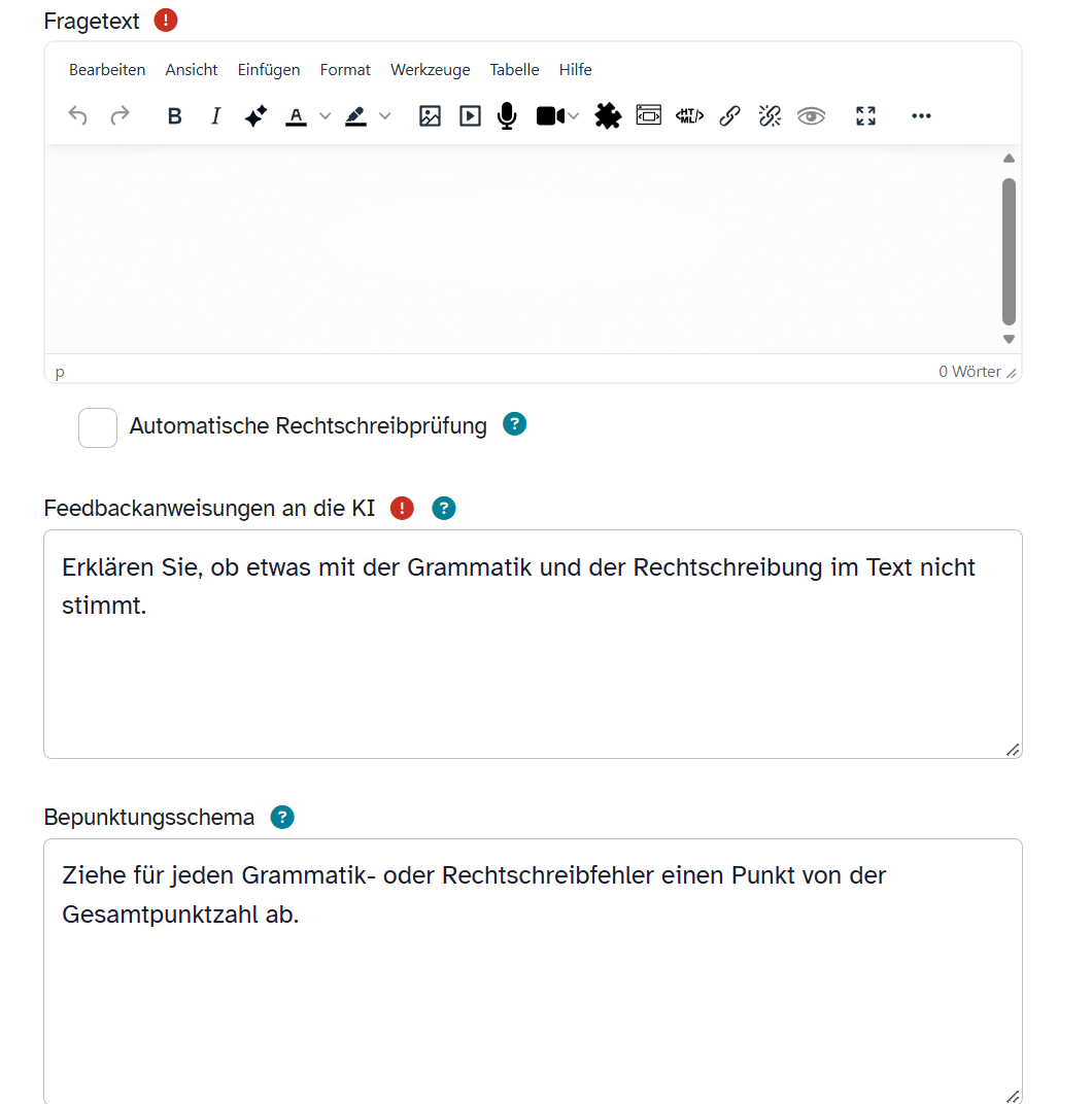 ByCS-Frageformular mit Fragetext, automatischer Rechtschreibprüfung, Feedbackanweisungen an die KI und Bepunktungsschema.