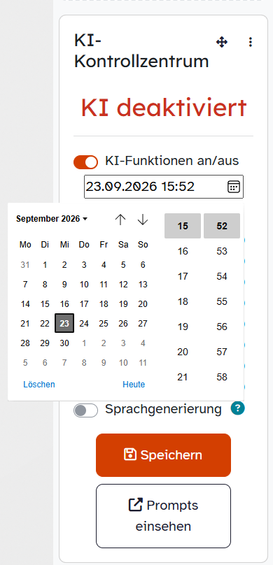 Datum- und Uhrzeitauswahl für die zeitlich begrenzte Freigabe der KI-Funktionen in ByCS.