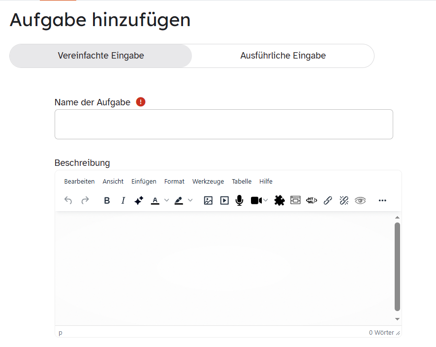 Eingabemaske für Name und Beschreibung der Aufgabe