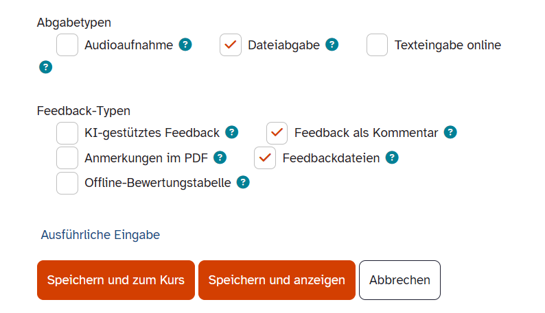 Auswahl von Abgabe- und Feedbacktypen