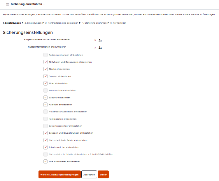 Einstellungen einer Kurssicherung mit Schaltfläche Weitere Einstellungen überspringen