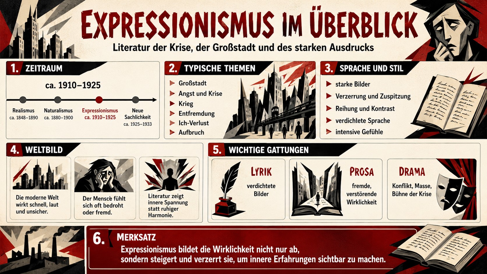 Infografik: Expressionismus als Literatur der Krise, der Großstadt, der Angst, des Aufbruchs und der starken Bilder