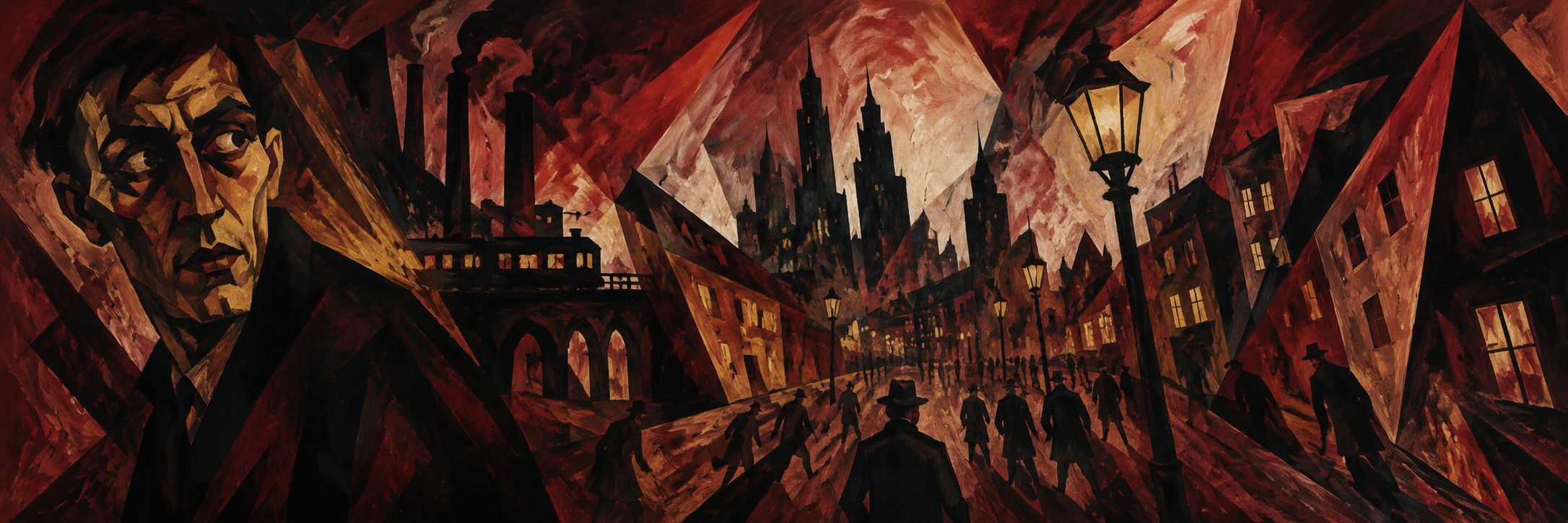 KI-Illustration einer expressionistischen Großstadt mit starken Kontrasten